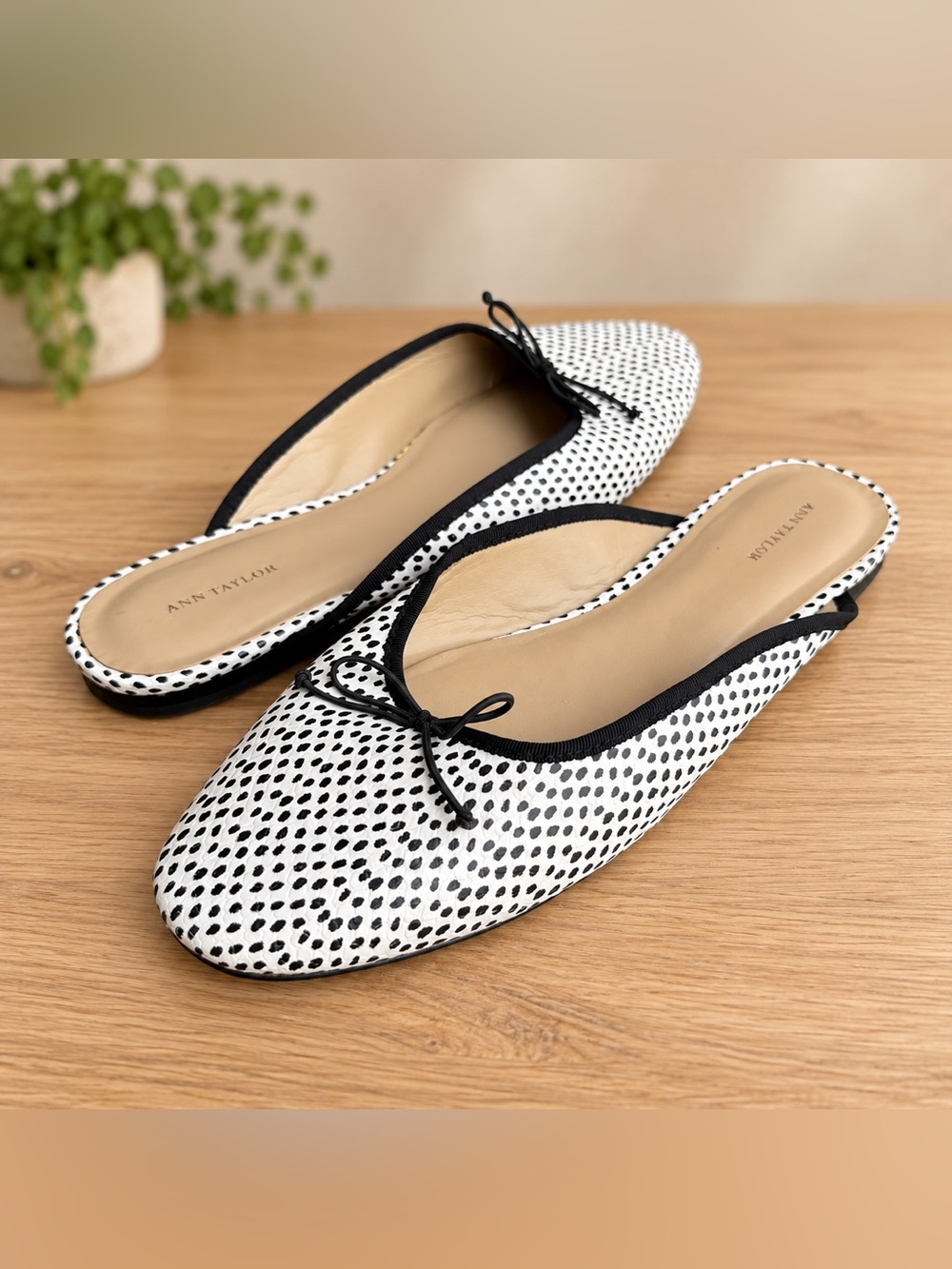 Ann Taylor Leather Polka Dot Bow Mule Flats Women’s Size 10M Black White